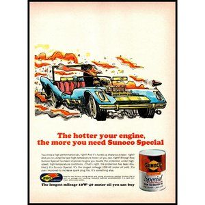 1971 Sunoco Special Long Mileage Motor Oil Vintage Print Ad Race Car Wall Art